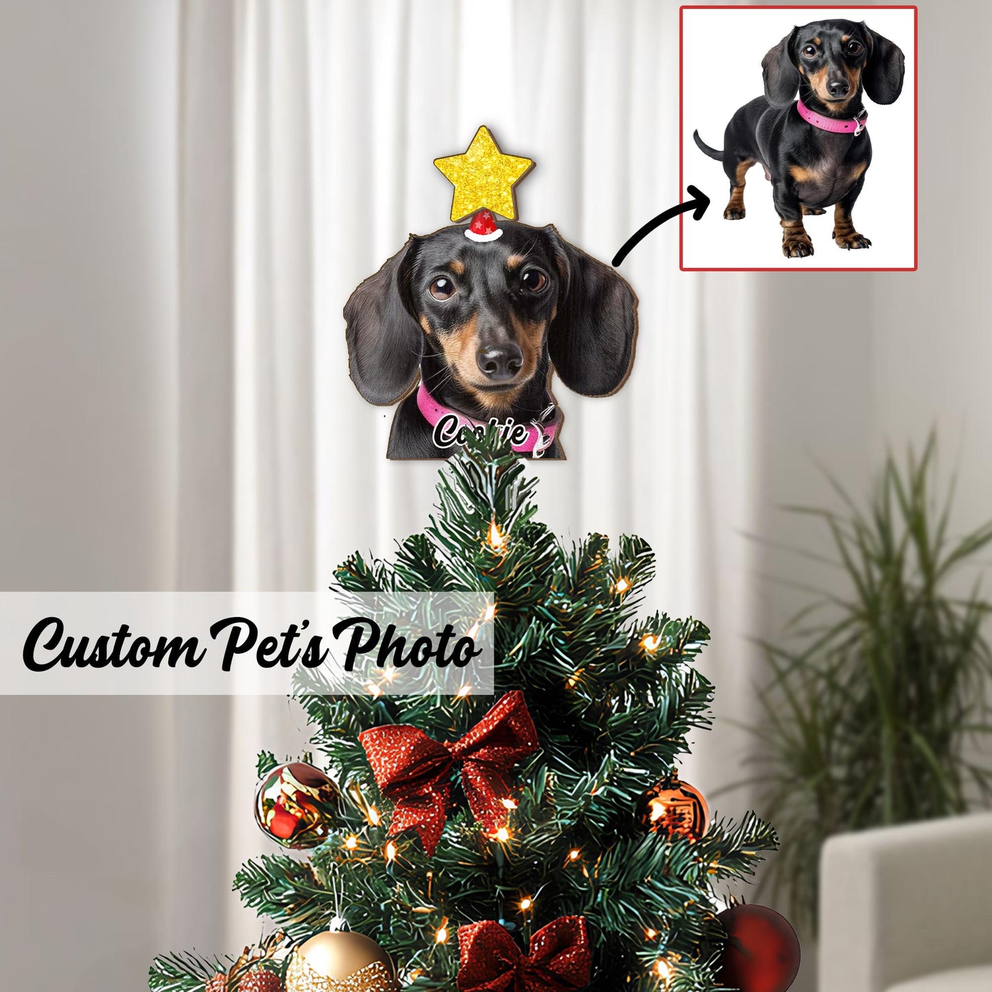 Personalized Pet Photo Tree Topper, Custom Cat Dog Christmas Tree Topper, Yellow Star Christmas Tree Decor, Star Tree Topper 2025