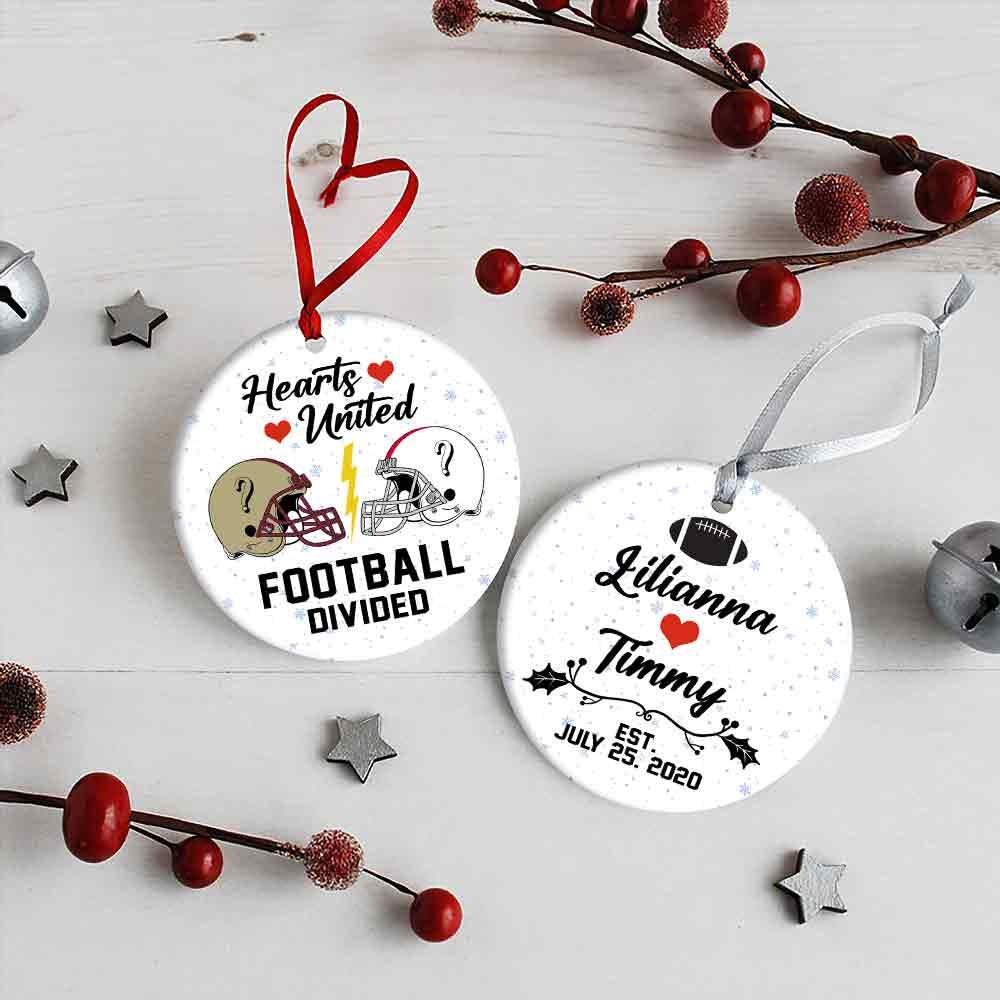 Personalized Hearts United Ornament, Football Teams, Christmas Gift, Custom Couple Names
