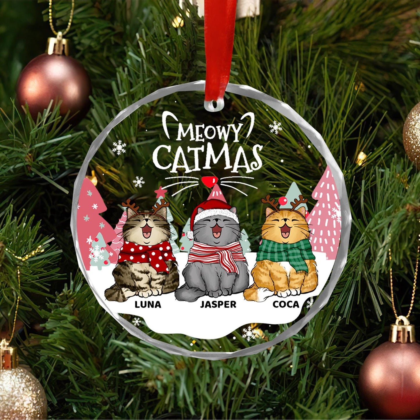 Personalized Cat Christmas Ornament: Meowy Catmas Glass Ornament