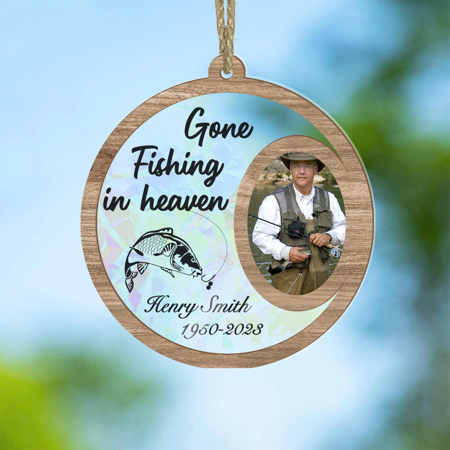Gone Fishing in Heaven Custom Photo Suncatcher Ornament, Person Passing Memorial Ornament, Personalized Photo Souvenir for Fisher