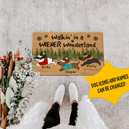Personalized Wiener Wonderland Christmas Doormat, Custom Name Dachshund Mat, Dog Cat Decor Mat, Front Door Decor, Dachshund Mom Dad Gift