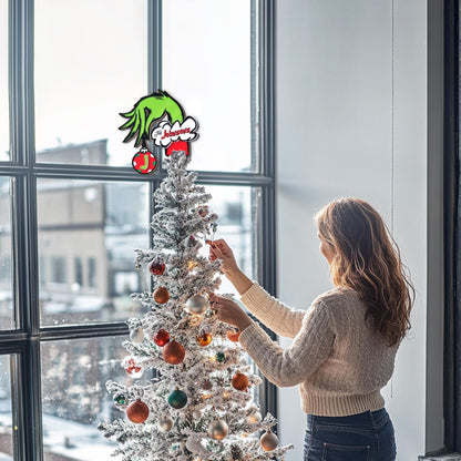 Personalized Grinch Hand Christmas Tree Topper, Custom Family Name