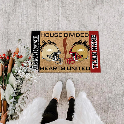 Custom House Divided Hearts United Doormats, Football Doormats, Funny Sport Gift, Welcome Football Mat, Front Door Decor