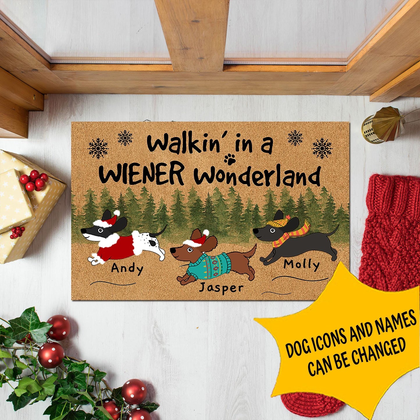 Personalized Wiener Wonderland Christmas Doormat, Custom Name Dachshund Mat, Dog Cat Decor Mat, Front Door Decor, Dachshund Mom Dad Gift