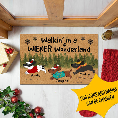 Personalized Wiener Wonderland Christmas Doormat, Custom Name Dachshund Mat, Dog Cat Decor Mat, Front Door Decor, Dachshund Mom Dad Gift