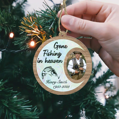 Gone Fishing in Heaven Custom Photo Suncatcher Ornament, Person Passing Memorial Ornament, Personalized Photo Souvenir for Fisher