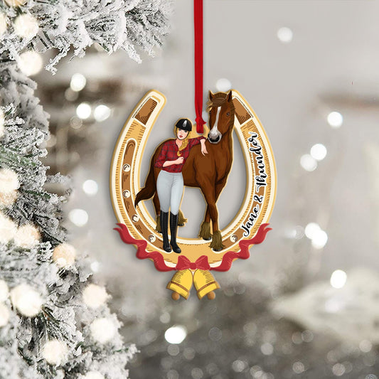Personalized Red Bow Horse and Girl Horseshoe Ornament, Horseshoe Christmas Ornament, Horse Gift, Christmas Tree Decor, Horse Christmas Gift