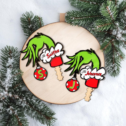 Personalized Grinch Hand Christmas Tree Topper, Custom Family Name