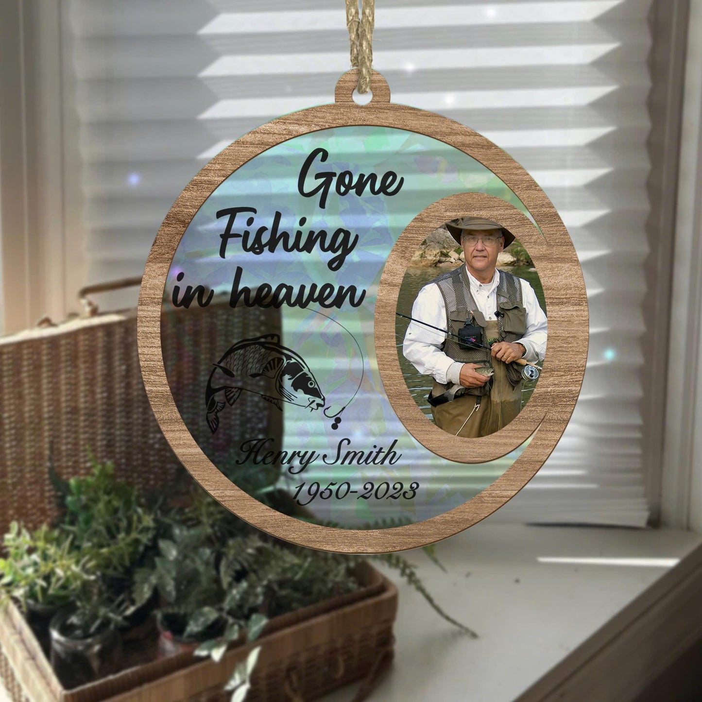 Gone Fishing in Heaven Custom Photo Suncatcher Ornament, Person Passing Memorial Ornament, Personalized Photo Souvenir for Fisher