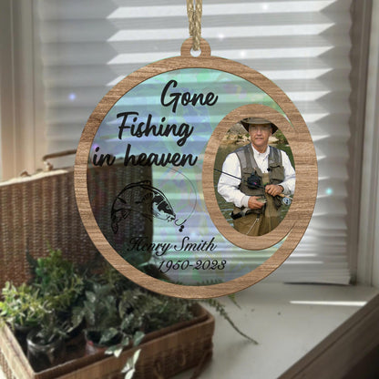 Gone Fishing in Heaven Custom Photo Suncatcher Ornament, Person Passing Memorial Ornament, Personalized Photo Souvenir for Fisher