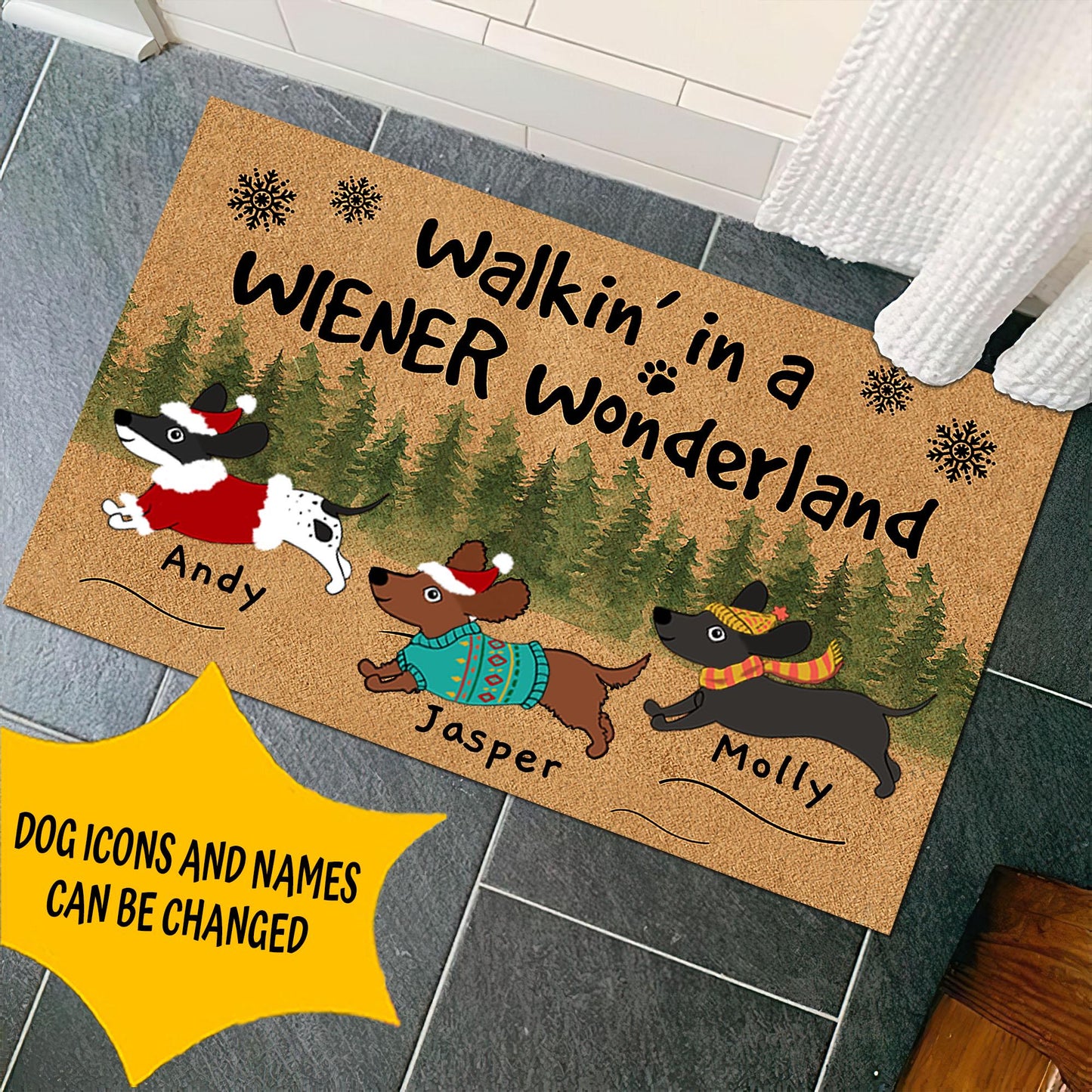 Personalized Wiener Wonderland Christmas Doormat, Custom Name Dachshund Mat, Dog Cat Decor Mat, Front Door Decor, Dachshund Mom Dad Gift