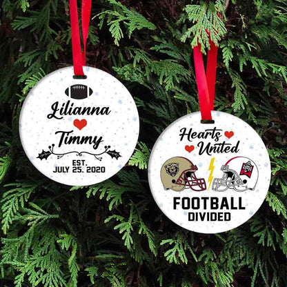 Personalized Hearts United Ornament, Football Teams, Christmas Gift, Custom Couple Names