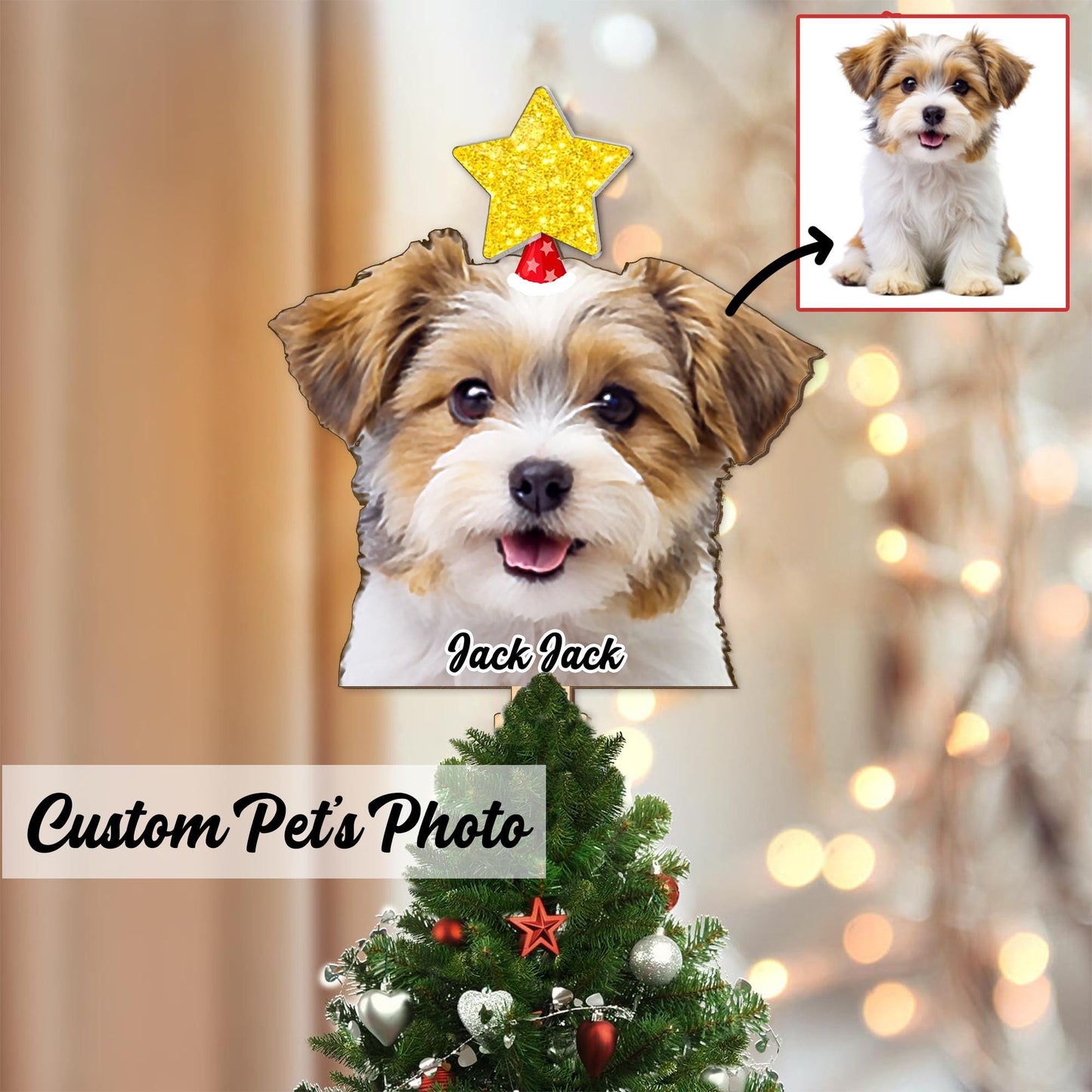 Personalized Pet Photo Tree Topper, Custom Cat Dog Christmas Tree Topper, Yellow Star Christmas Tree Decor, Star Tree Topper 2025