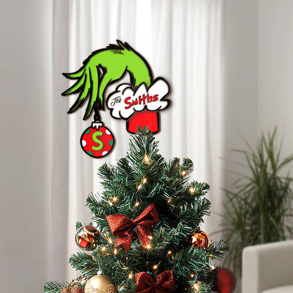Personalized Grinch Hand Christmas Tree Topper, Custom Family Name