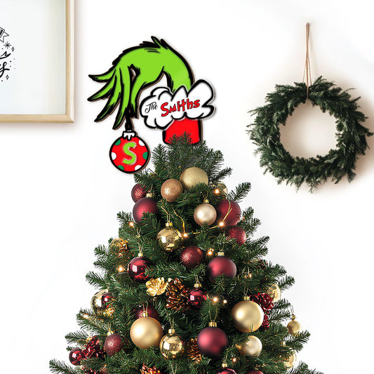 Personalized Grinch Hand Christmas Tree Topper, Custom Family Name