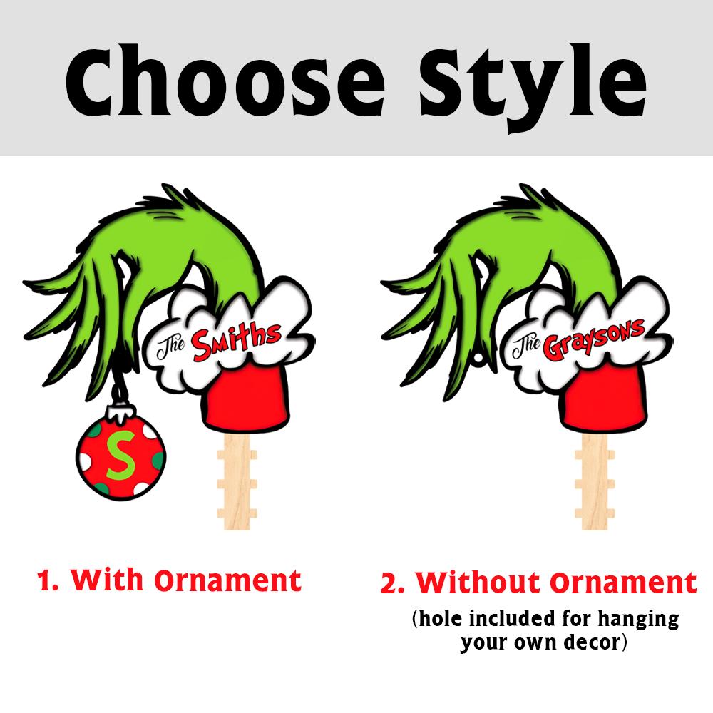 Personalized Grinch Hand Christmas Tree Topper, Custom Family Name