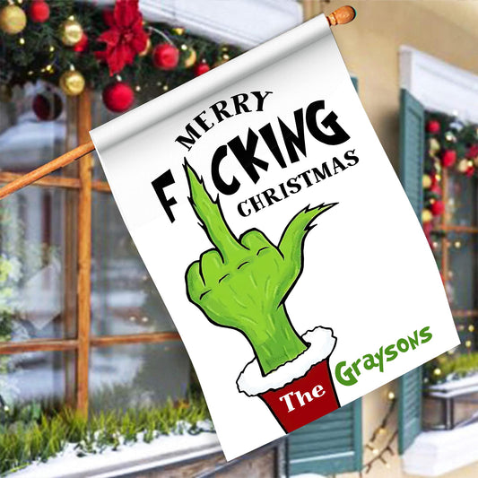 Merry Fuckin' Christmas Garden Flag, Custom Name Funny Grinch Flag, Xmas Iconic Flag, Welcome to Whoville Christmas Flag, Front Door Decor