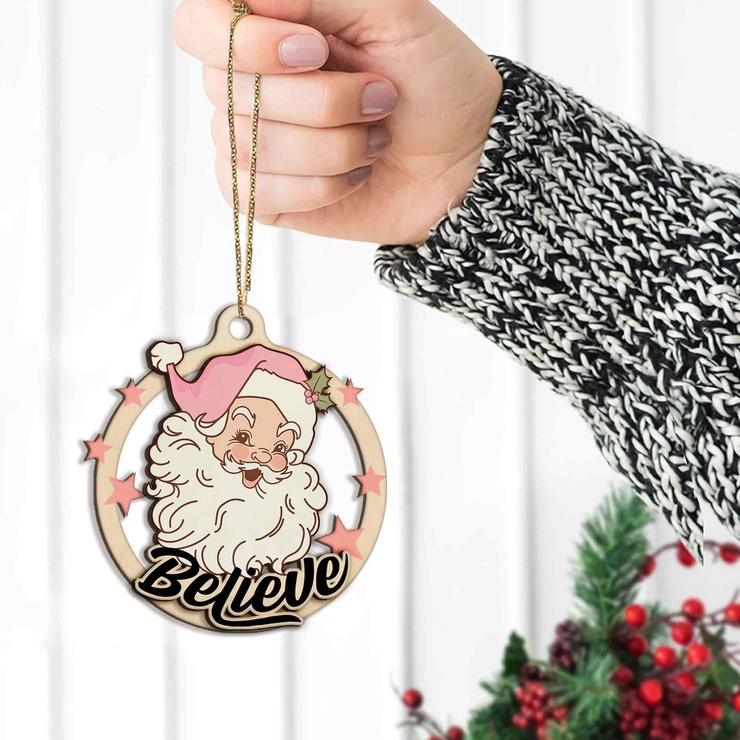 WEBTEST Pink Santa Ornament: Believe in Magic Wooden Christmas Tree Hanging
