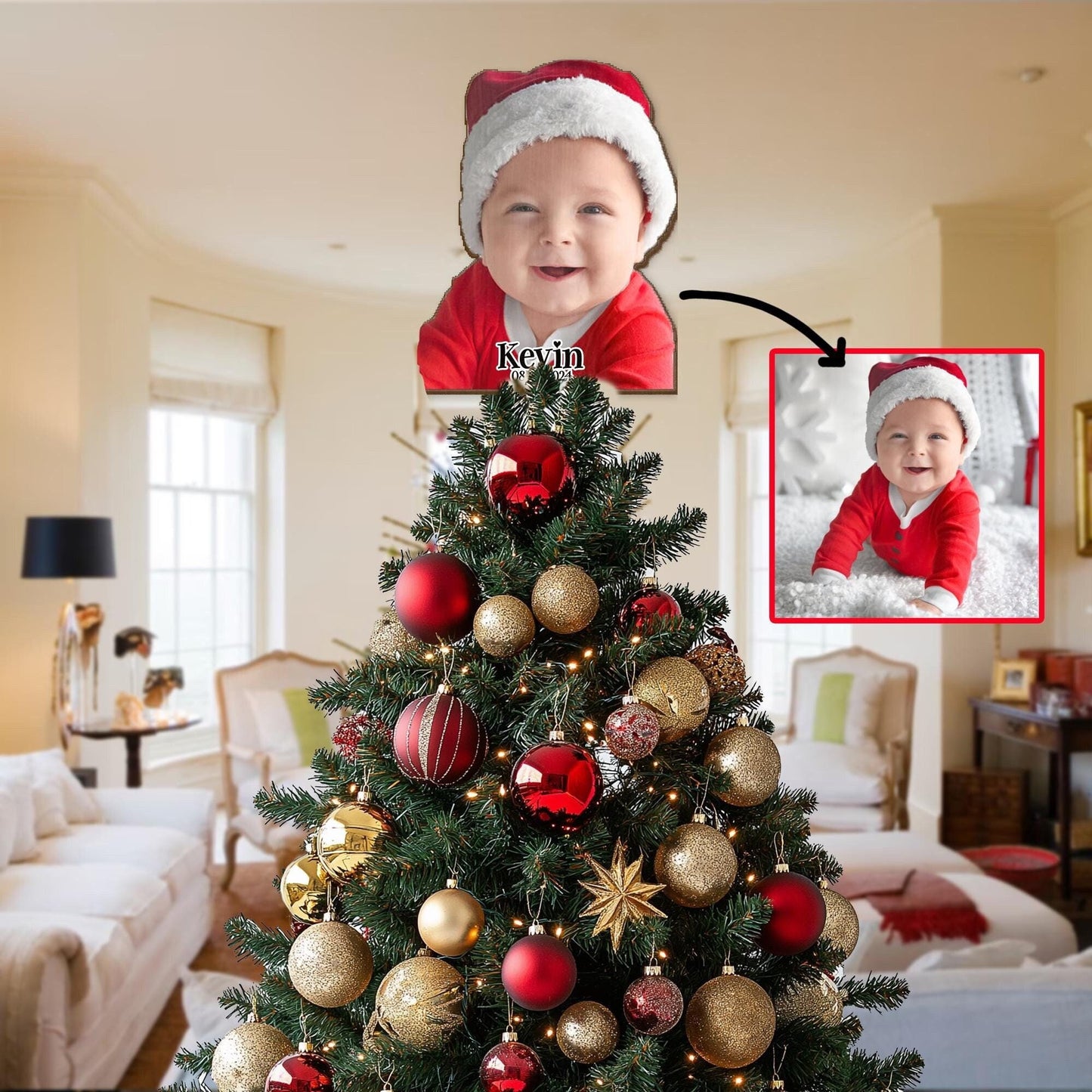 Personalized Baby Photo Christmas Tree Topper, Custom Toddlers Photo Tree Topper, Custom Name Tree Topper, Christmas Tree Decor Parents Gift