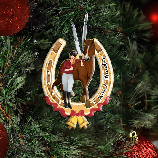 Personalized Red Bow Horse and Girl Horseshoe Ornament, Horseshoe Christmas Ornament, Horse Gift, Christmas Tree Decor, Horse Christmas Gift