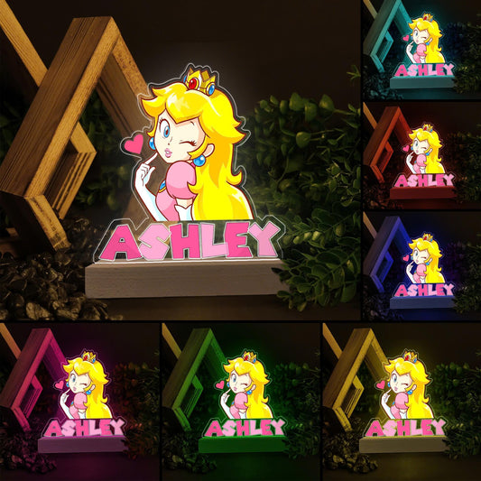 Personalized Princess Peach Mario Wood Base LED Light, Kid Night Light, Custom Name Mario Lamp, Birth Gift, Kid Gift