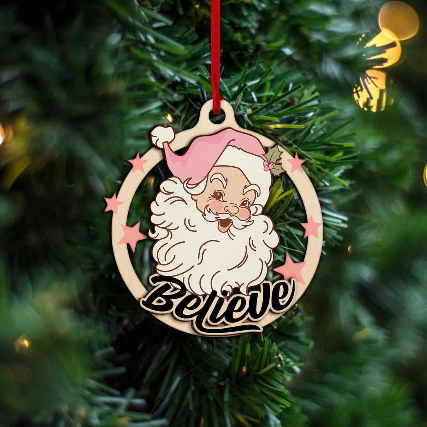 WEBTEST Pink Santa Ornament: Believe in Magic Wooden Christmas Tree Hanging
