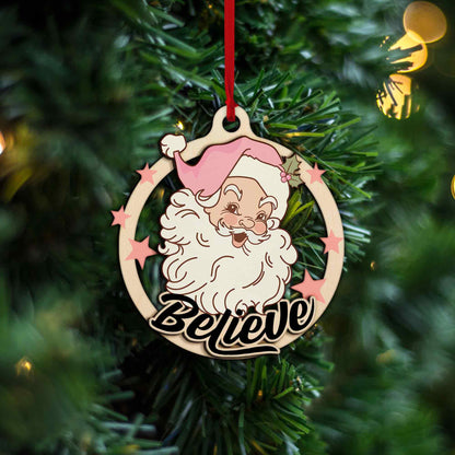 WEBTEST Pink Santa Ornament: Believe in Magic Wooden Christmas Tree Hanging