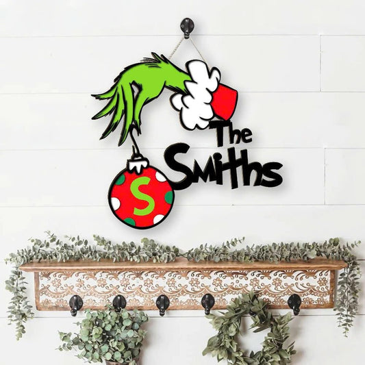 Personalized Grinchmas Sign, Christmas Grinch Hand Sign, Custom Family Name Door Sign, Christmas Wall Decor, Christmas Gift