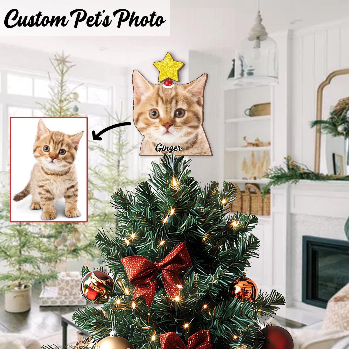 Personalized Pet Photo Tree Topper, Custom Cat Dog Christmas Tree Topper, Yellow Star Christmas Tree Decor, Star Tree Topper 2025