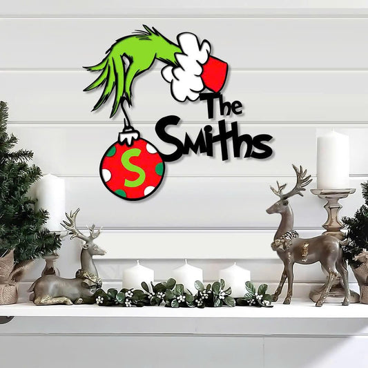 Personalized Grinchmas Sign, Christmas Grinch Hand Sign, Custom Family Name Door Sign, Christmas Wall Decor, Christmas Gift