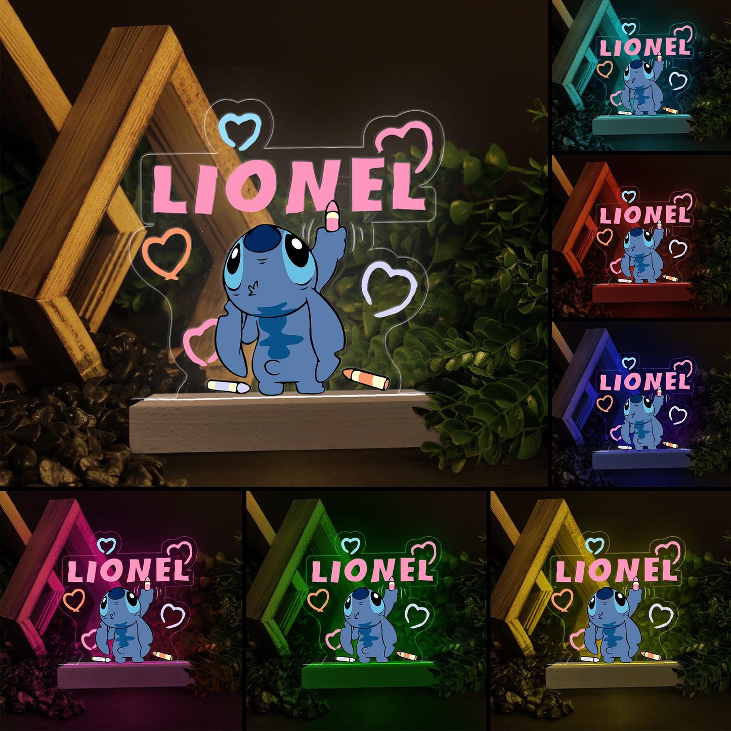 Personalized Stitch Drawing Name Wood Base Led Light, Custom Name Light, Birthday Gift, Stitch Room Decor