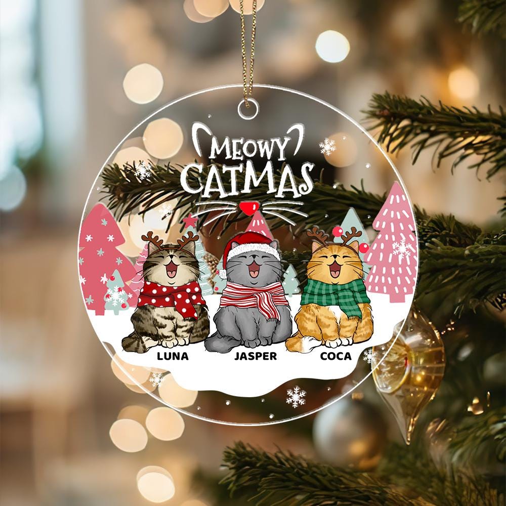 Personalized Cat Christmas Ornament: Meowy Catmas Glass Ornament