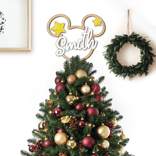 Personalized Mickey Mouse Shape Christmas Tree Topper, Custom Name Tree Topper, Christmas Tree Decor, First Christmas Family Name Christmas