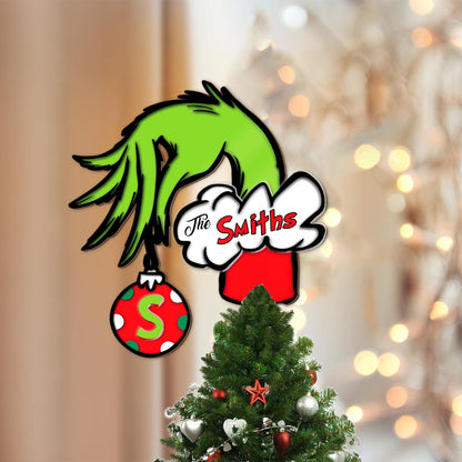 Personalized Grinch Hand Christmas Tree Topper, Custom Family Name