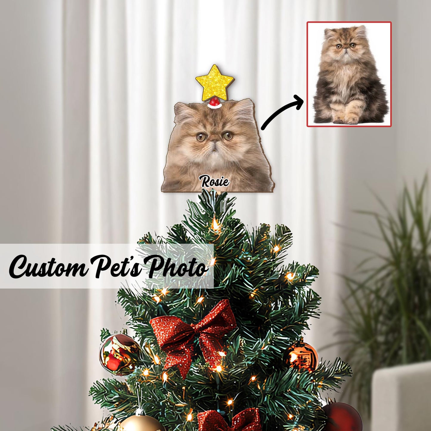 Personalized Pet Photo Tree Topper, Custom Cat Dog Christmas Tree Topper, Yellow Star Christmas Tree Decor, Star Tree Topper 2025