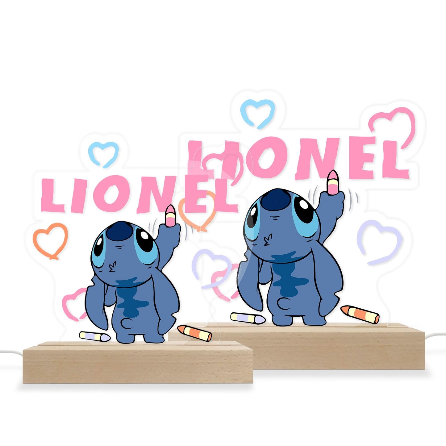 Personalized Stitch Drawing Name Wood Base Led Light, Custom Name Light, Birthday Gift, Stitch Room Decor