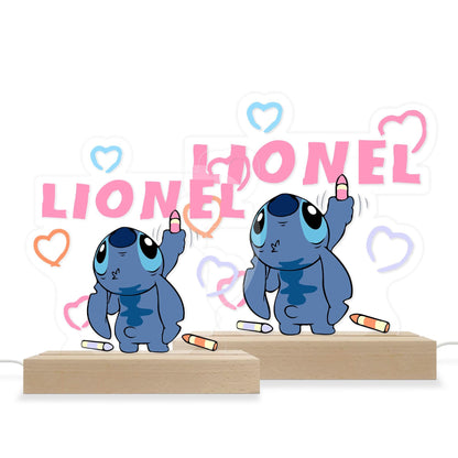 Personalized Stitch Drawing Name Wood Base Led Light, Custom Name Light, Birthday Gift, Stitch Room Decor