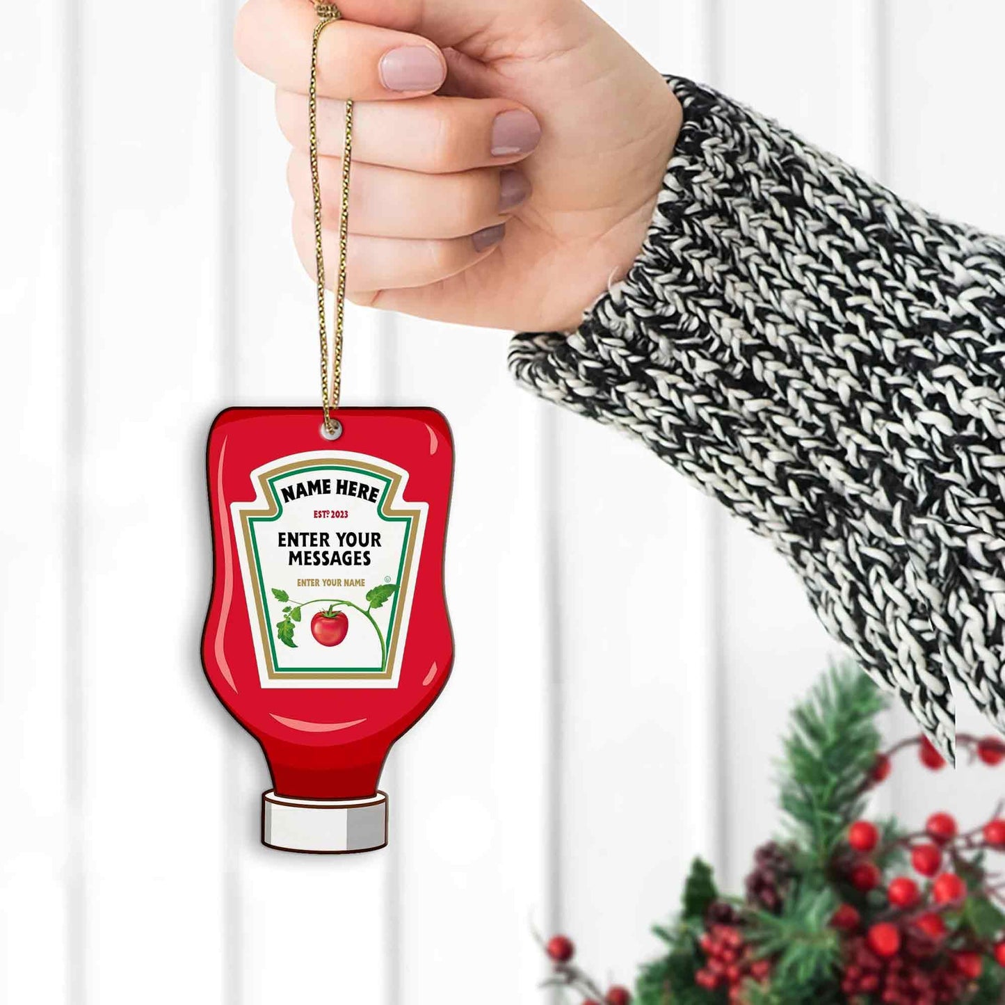 Personalized Ketchup Ornament, Custom Message, Christmas Gift