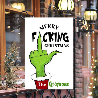 Merry Fuckin' Christmas Garden Flag, Custom Name Funny Grinch Flag, Xmas Iconic Flag, Welcome to Whoville Christmas Flag, Front Door Decor