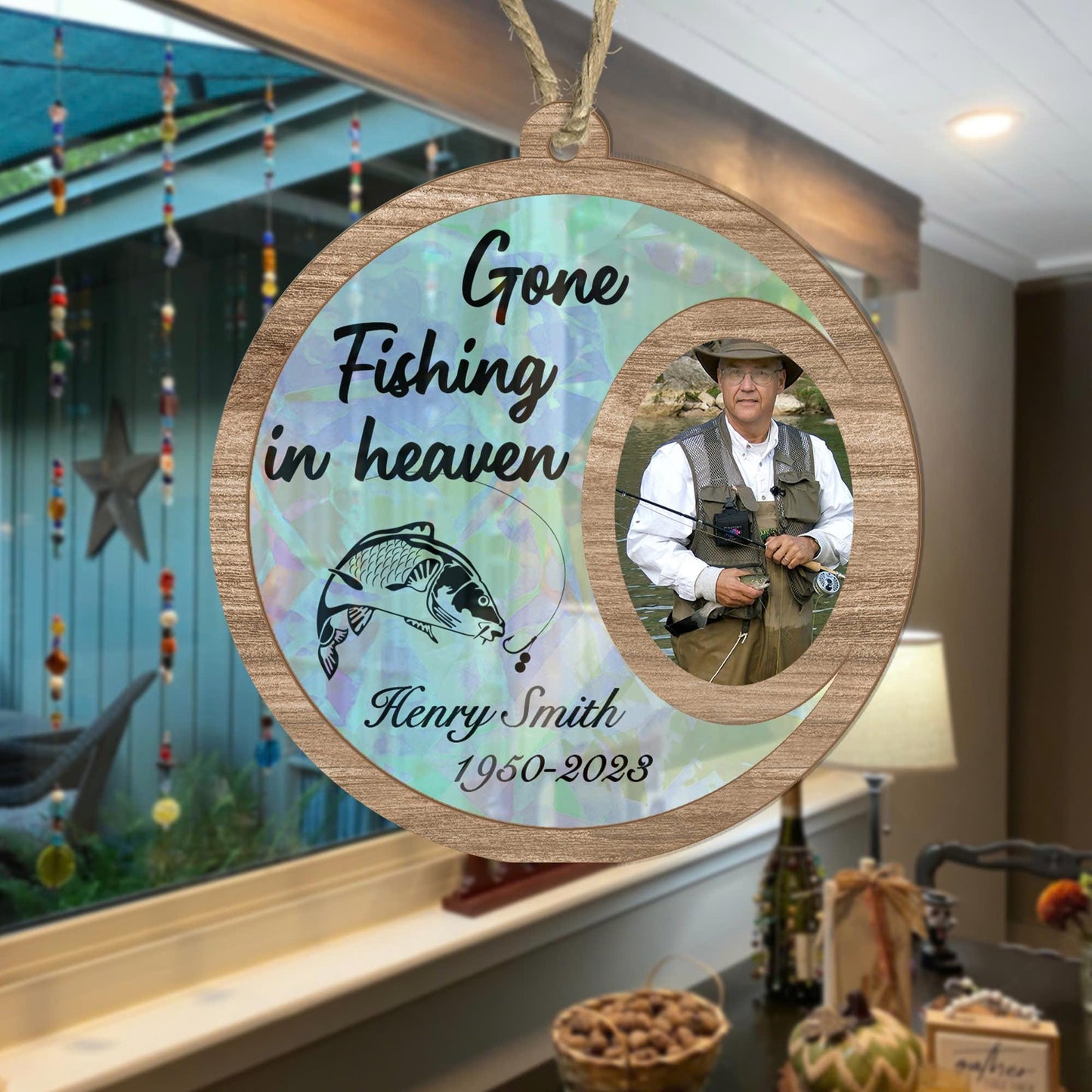 Gone Fishing in Heaven Custom Photo Suncatcher Ornament, Person Passing Memorial Ornament, Personalized Photo Souvenir for Fisher