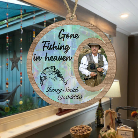 Gone Fishing in Heaven Custom Photo Suncatcher Ornament, Person Passing Memorial Ornament, Personalized Photo Souvenir for Fisher