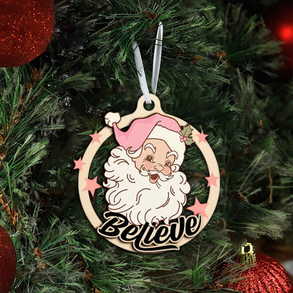 WEBTEST Pink Santa Ornament: Believe in Magic Wooden Christmas Tree Hanging