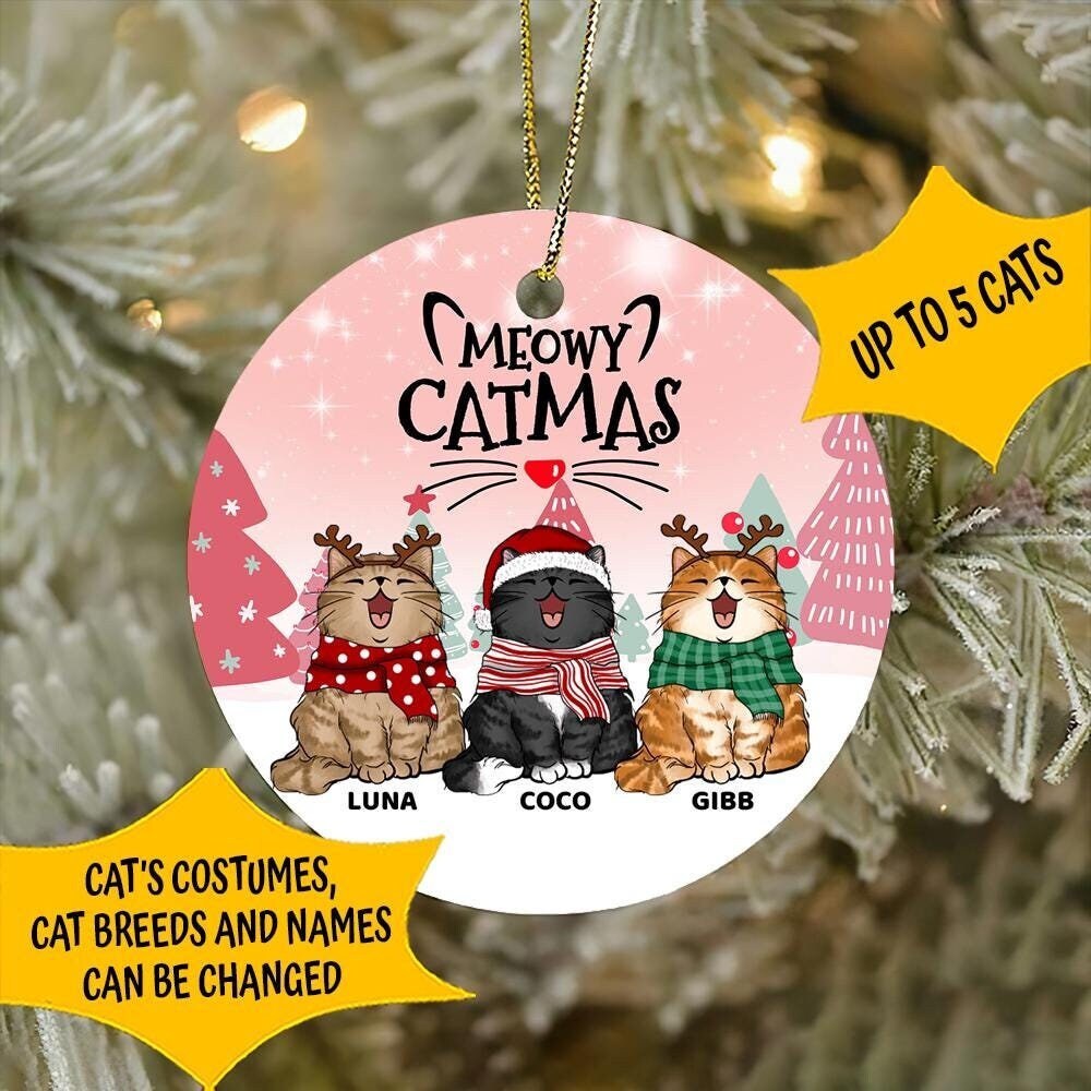 Personalized Cat Christmas Ornament: Meowy Catmas Ceramic Pet Ornament
