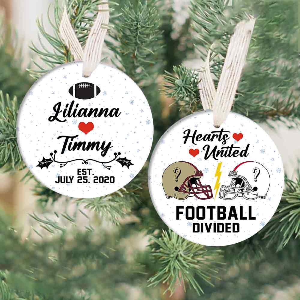 Personalized Hearts United Ornament, Football Teams, Christmas Gift, Custom Couple Names