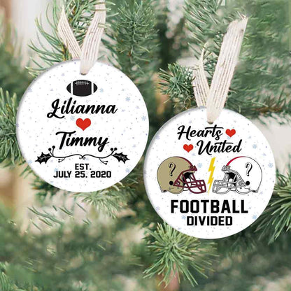 Personalized Hearts United Ornament, Football Teams, Christmas Gift, Custom Couple Names