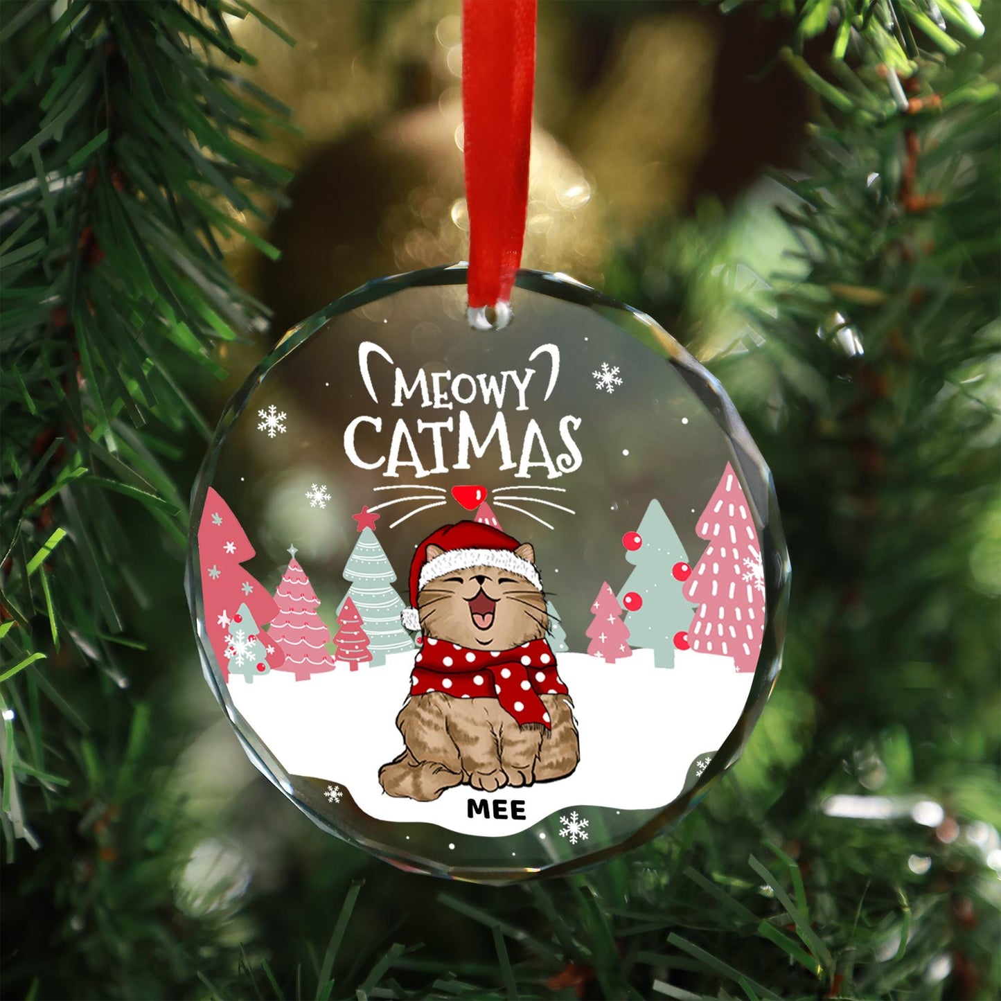 Personalized Cat Christmas Ornament: Meowy Catmas Glass Ornament