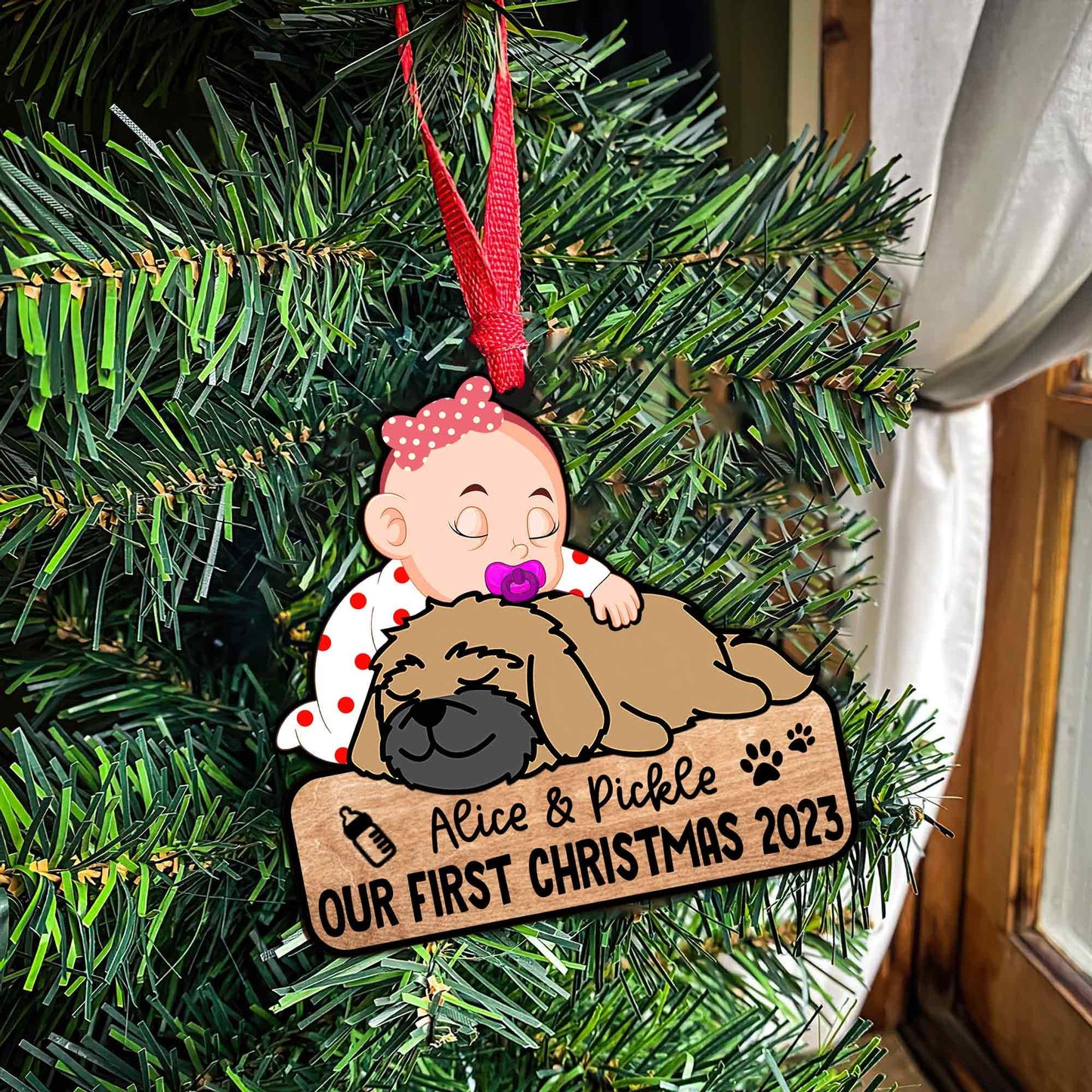 Personalized Baby and Pet Christmas Ornament, Custom Name Gift