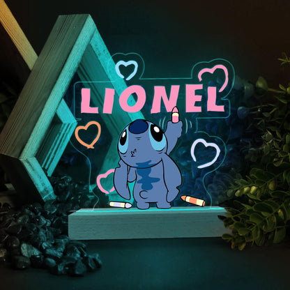 Personalized Stitch Drawing Name Wood Base Led Light, Custom Name Light, Birthday Gift, Stitch Room Decor