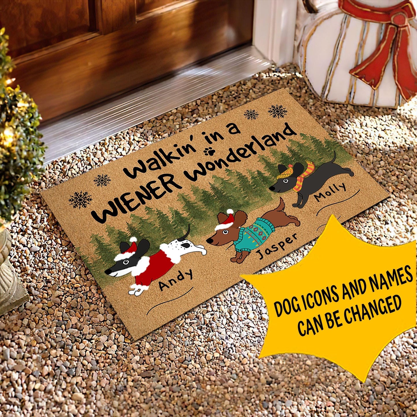 Personalized Wiener Wonderland Christmas Doormat, Custom Name Dachshund Mat, Dog Cat Decor Mat, Front Door Decor, Dachshund Mom Dad Gift