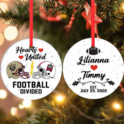 Personalized Hearts United Ornament, Football Teams, Christmas Gift, Custom Couple Names